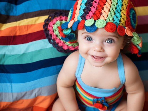 Foto adorable bebé con ropa vibrante en una pose juguetona