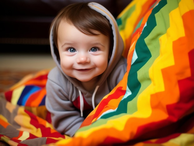 Foto adorable bebé con ropa vibrante en una pose juguetona