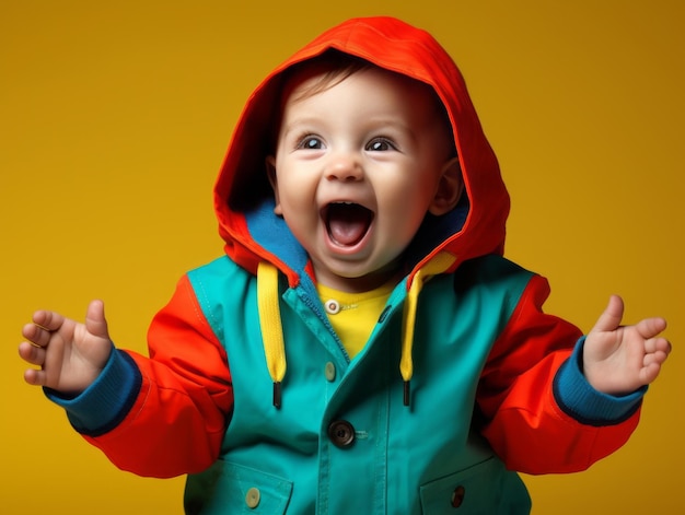 Adorable bebé con ropa vibrante en una pose juguetona