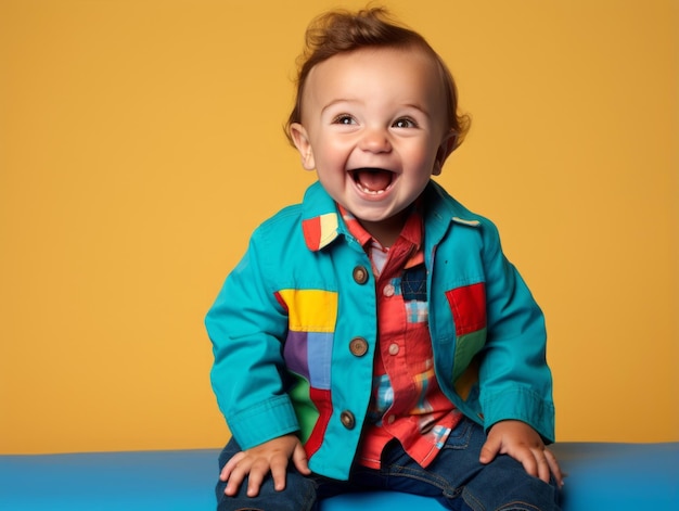 Adorable bebé con ropa vibrante en una pose juguetona