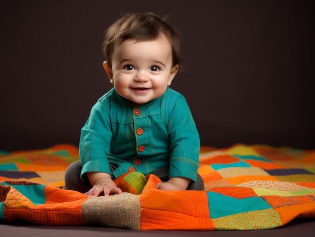 Adorable bebé con ropa vibrante en una pose juguetona