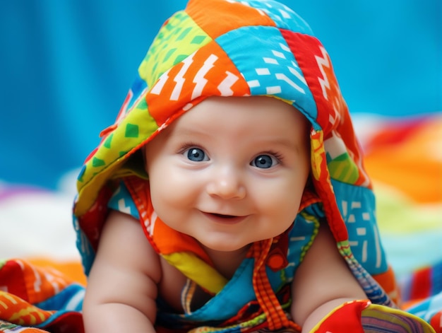 Foto adorable bebé con ropa vibrante en una pose juguetona