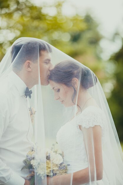 Adorable belleza novios ido besándose al aire libre bajo el velo