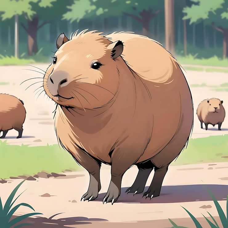 Foto adorable bosque de la familia capybara con ilustraciones de estilo suave