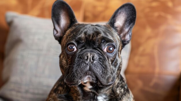 Adorable Brindle French Bulldog sitzt auf der Couch mit Kissen in gemütlichem Innenraum Cute Canine