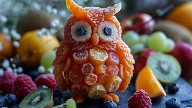 Foto adorable búho hecho de frutas y verduras