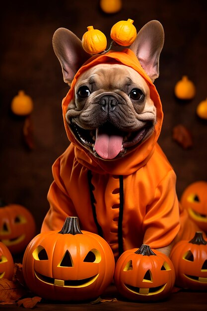 Adorable bulldog francés en disfraz de Halloween con calabazas malvadas en el fondo naranja del estudio