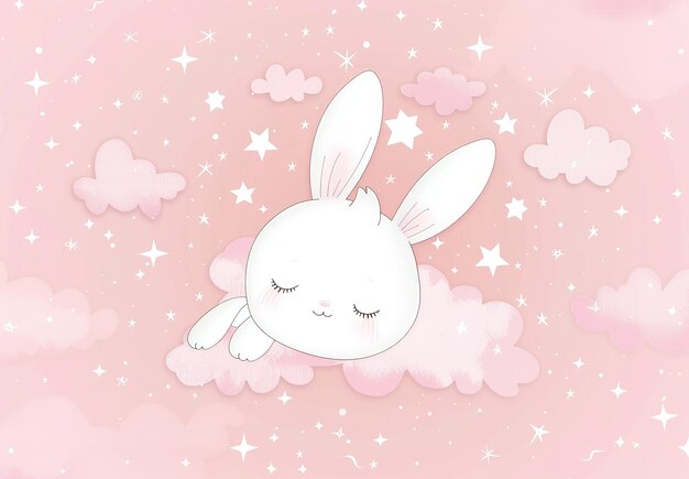 Adorable Bunny on a Cloud Eine skurrile Illustration mit Sternen und Wolken, perfekt für Kinderzimmerdekorationen oder Kinderbücher