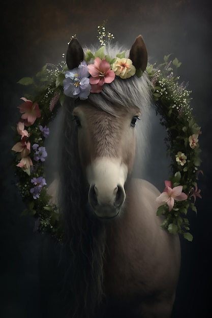 Adorable caballo marrón en una corona de flores en la cabeza sobre un fondo oscuro