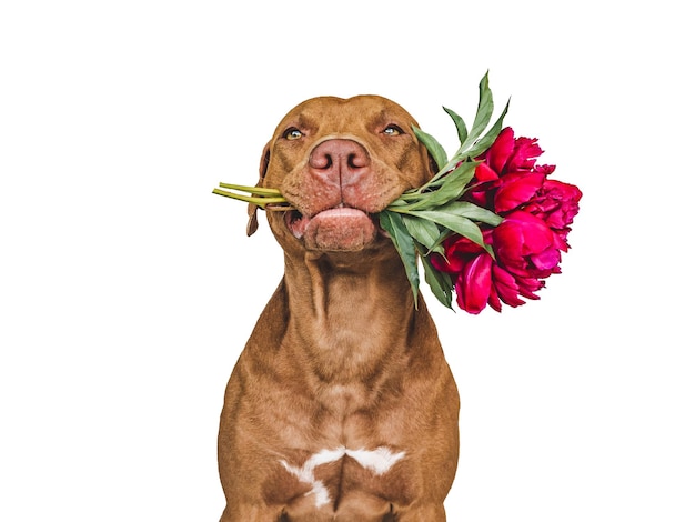 Adorable cachorro bastante marrón y flores brillantes