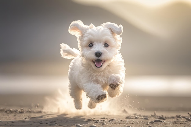 Adorable cachorro blanco con una gran sonrisa corriendo