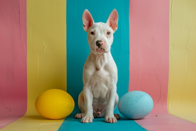 Adorable cachorro blanco con orejas erguidas sentado frente a un fondo de colores pastel con huevos de Pascua