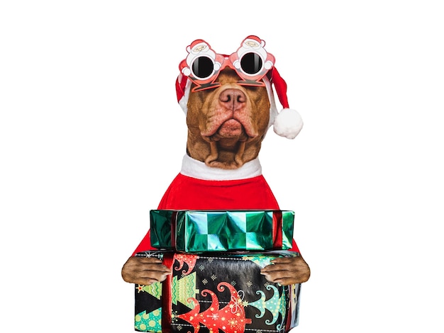 Adorable cachorro bonito Sombrero de Papá Noel y caja festiva