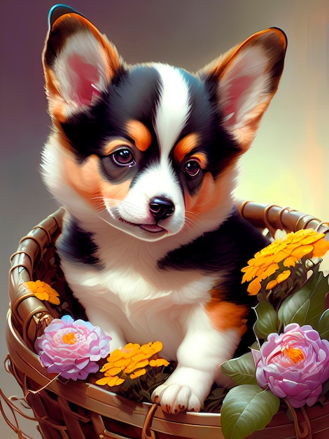 adorable cachorro de corgi se sienta en flores y una cesta de mimbre. pembroke de corgi galés. cárdigan