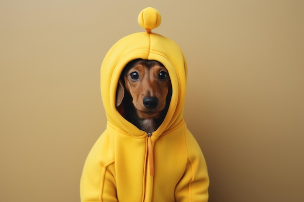 Adorable cachorro de dachshund vestido con un gracioso disfraz de banana de Halloween