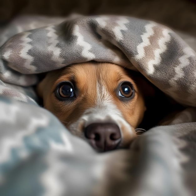 Adorable cachorro escondido y asomándose desde una manta generada por IA