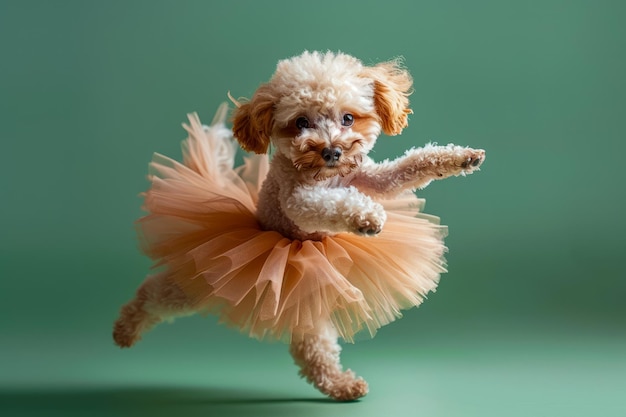 Adorable cachorro con una falda de tutu esponjosa bailando en dos patas contra un fondo verde suave