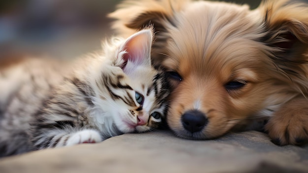Foto adorable cachorro y gatito acostados juntosai generativa