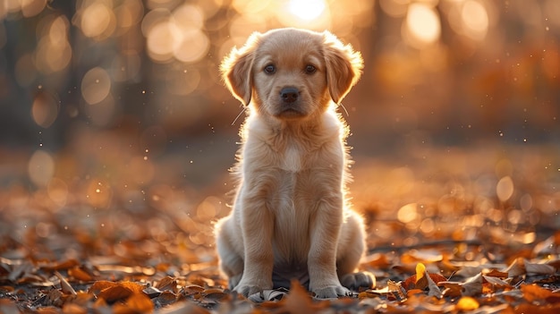 Adorable cachorro de golden retriever sentado en un bosque de otoño