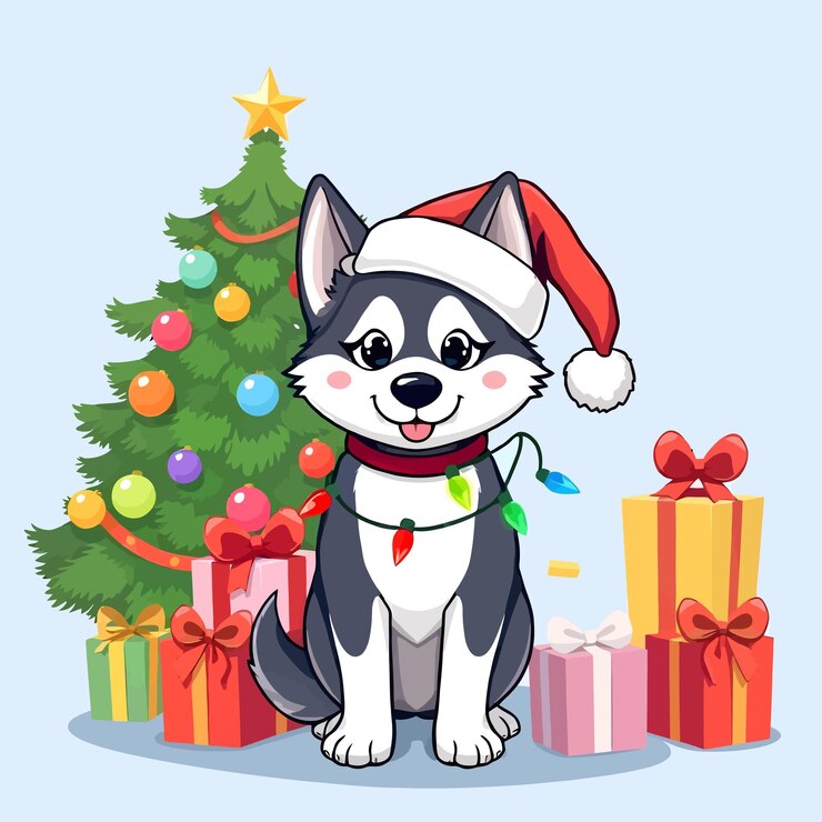 Adorable cachorro Husky en el sombrero de Papá Noel con luces de Navidad y regalos Ilustración linda de vacaciones