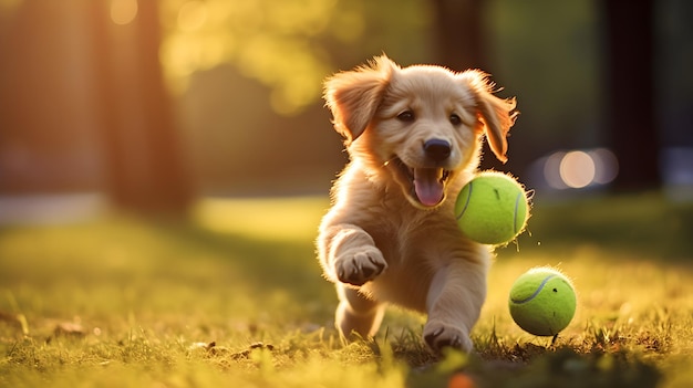 Adorable cachorro jugando con una pelota en un parque soleado