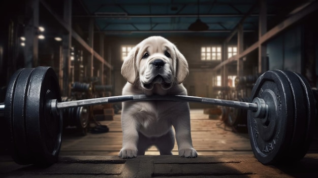 Un adorable cachorro junto a una barra en el gimnasio aspiraciones de fitness generadas ai