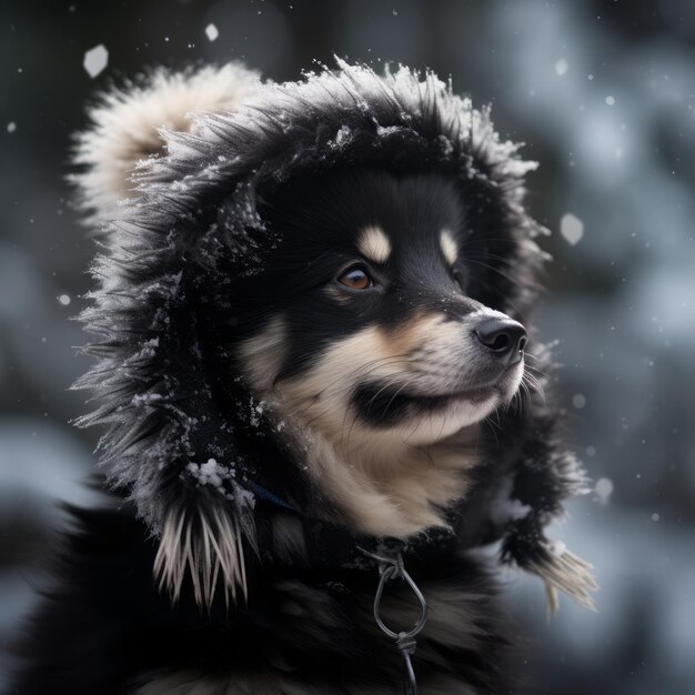 Foto adorable cachorro de lapón finlandés negro con una gorra en un entorno nevado un delicioso 34 profesional
