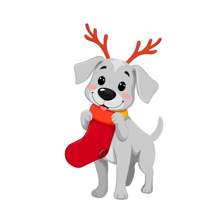 Adorable cachorro de Navidad con cuernos de reno sosteniendo una ilustración de medias