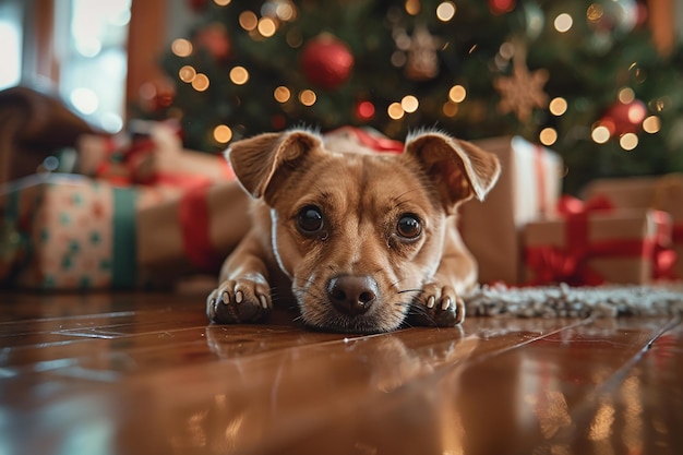 adorable cachorro de Navidad de fondo