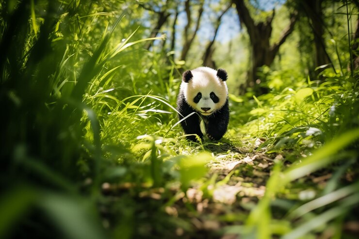 El adorable cachorro de panda en un bosque de bambú