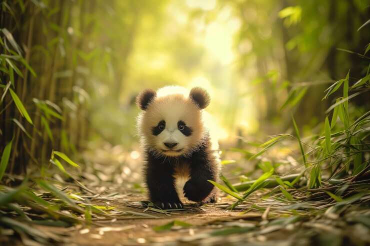 El adorable cachorro de panda en un bosque de bambú