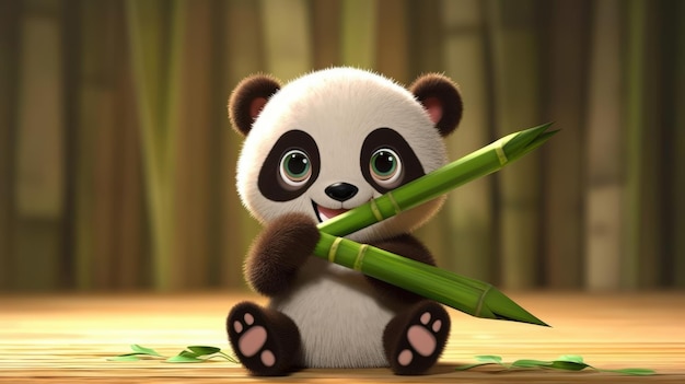 Adorable cachorro de panda de dibujos animados con brotes de bambú