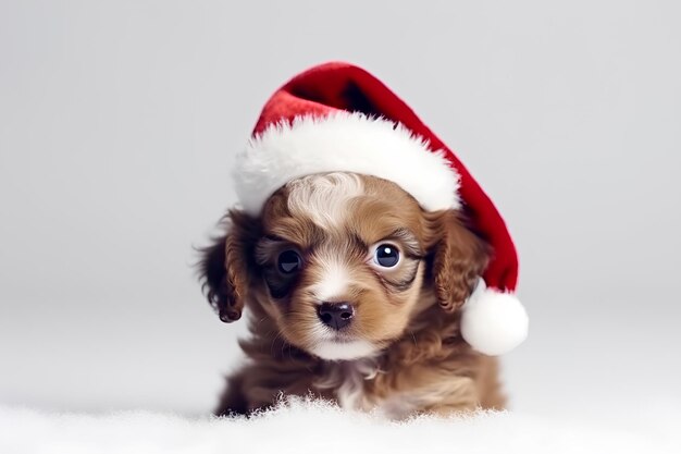 Adorable cachorro pequeño en el sombrero rojo de Navidad de Papá Noel sobre fondo blanco