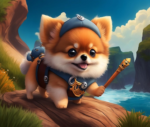 Adorable cachorro de pomerania diminuto como aventurero de dibujos animados generado por IA