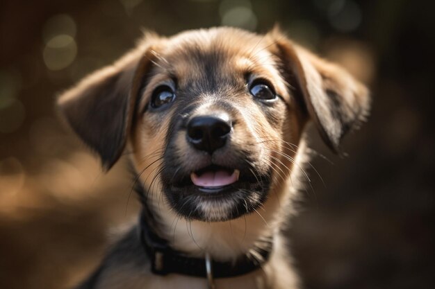 Adorable cachorro de raza mixta con la boca abierta mirando hacia la izquierda