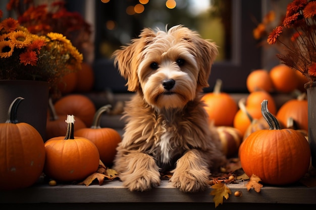 Adorable cachorro sentado en un huerto de calabazas