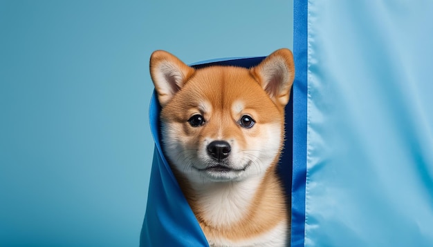 Adorable cachorro de Shiba Inu detrás de un letrero azul