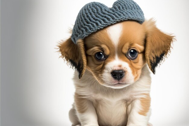 Adorable cachorro con sombrero divertido en forma de corazón Primer plano interior Fondo de color Concepto de amor y ternura IA generativa