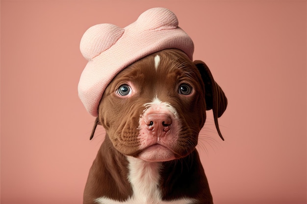 Adorable cachorro con sombrero divertido en forma de corazón Primer plano interior Fondo de color Concepto de amor y ternura IA generativa