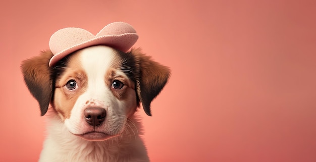 Adorable cachorro con sombrero divertido en forma de corazón Primer plano interior Fondo de color Concepto de amor y ternura IA generativa