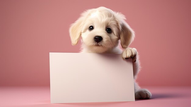 Foto adorable cachorro sosteniendo un cartel en blanco en la mesa para mensajes o anuncios