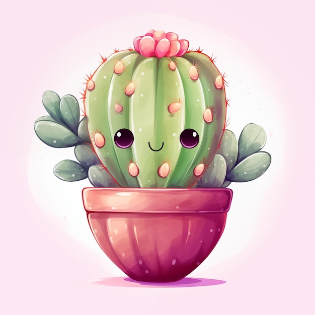 Adorable cactus de dibujos animados con una cara feliz en una olla rosa rodeado de flores en flor perfecto para temas lindos y lúdicos