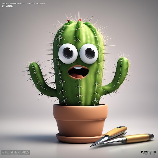 Un adorable cactus de dibujos animados con ojos y manos en un potresent cumple tomandoly Trimmi