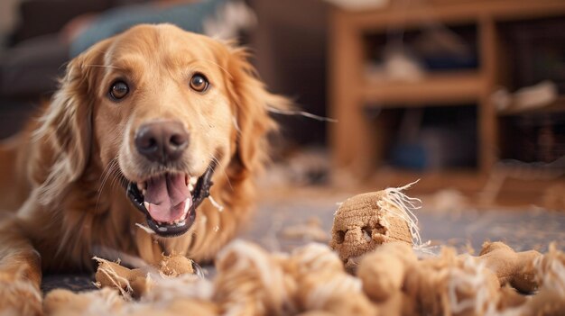 Foto adorable canino sonriendo junto a un juguete roto