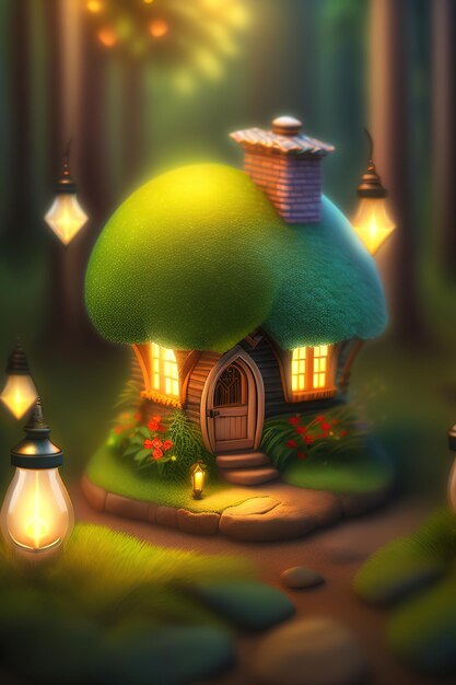 Adorable casita de trébol en un bosque de fantasía Ai