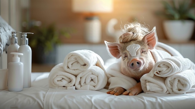 Adorable cerdo de spa lindo y mimado cerdo disfrutando de relajantes tratamientos de spa un encantador y delicioso