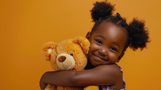 Adorable chica africana sonriendo con un oso de peluche en el estudio