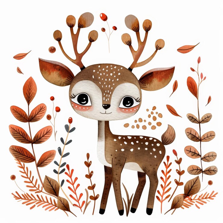 El adorable ciervo en el bosque de otoño acuarela Clipart Elemento de vida silvestre sereno en fondo blanco