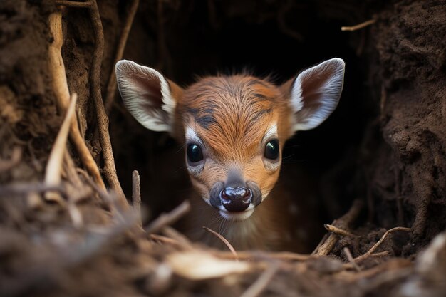 El adorable ciervo recién nacido está explorando cautelosamente su entorno.
