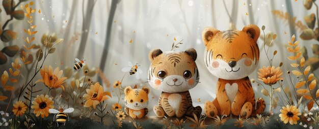 Un adorable clipart moderno con una abeja tigre y girasoles